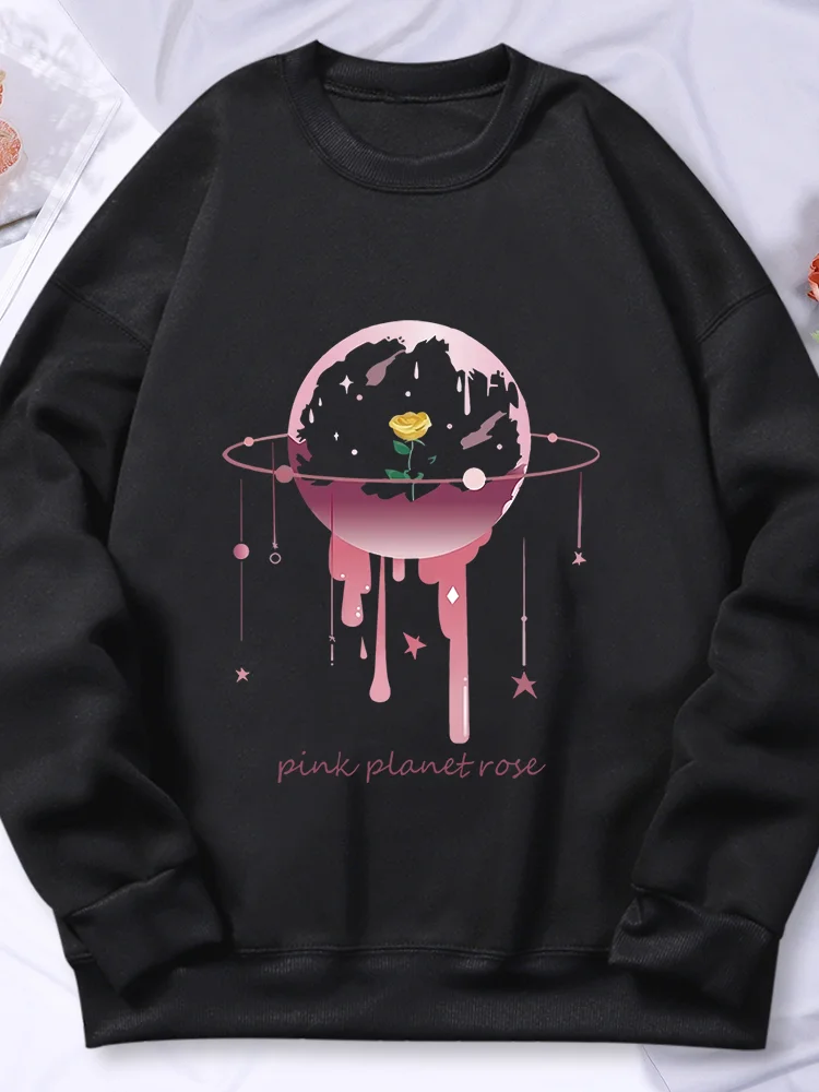 Pink Planet Rose Printing Sweatshirt Female Warm Soft Fleece Hoodies Autumn Loose Hoodie Cartoons Oversized Tracksuit Women