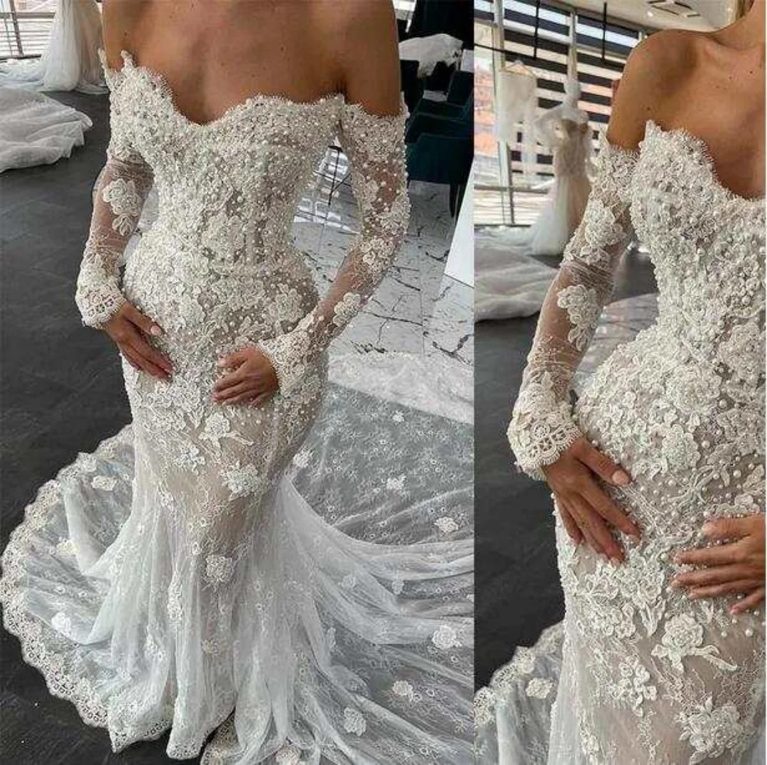 Luxury Mermaid Wedding Dresses Illusion Pearls Lace Appliques Long Sleeves Gown Bridal Customized Off Shoulder Robe De Mariée
