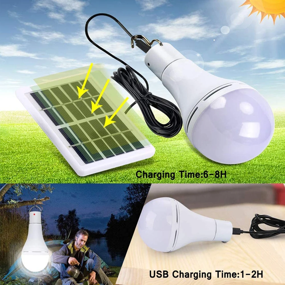 LED Solar Bulb Light IP55 7W 9W Outdoor 5V USB Carregado Pendurado Emergency Sunlight Powered Lâmpada Portátil Poderosa Casa Interior