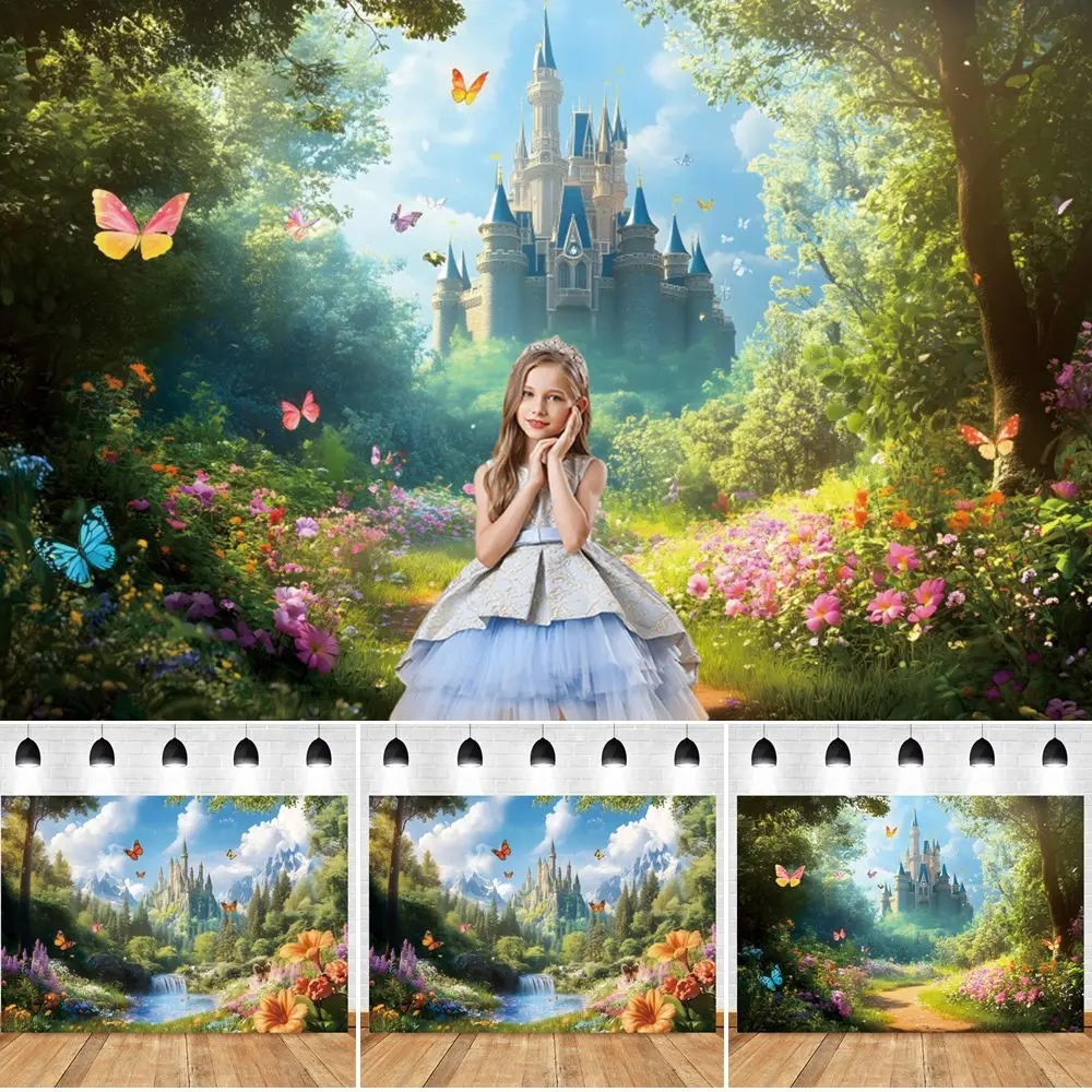 

Spring Dreamy Forest Backdrop Butterfly Castle Flowers Green Trees Kids Birthday Party Wedding Photography Background Wall Decor