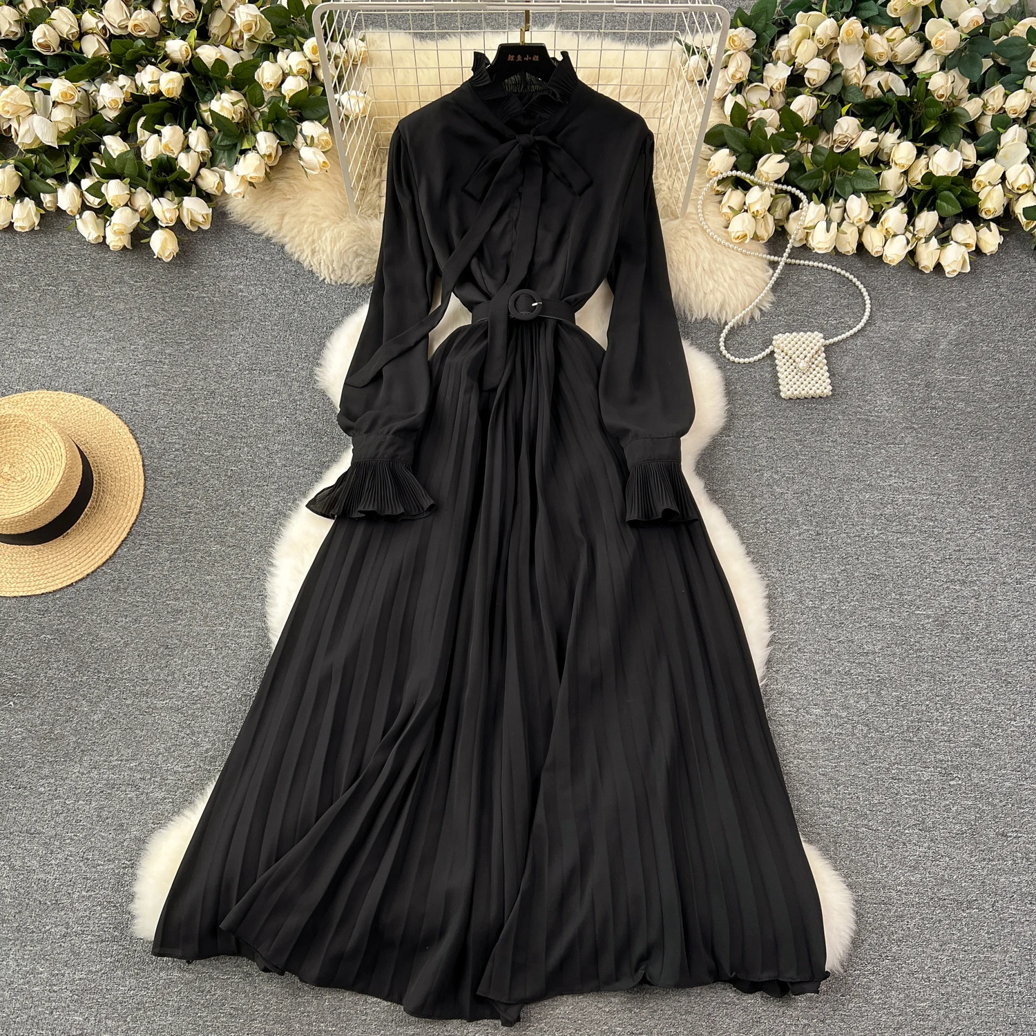 French Vintage elegant Pleated Bow A-line Dress Casual Women Fashion Vacation Spring summer dresses