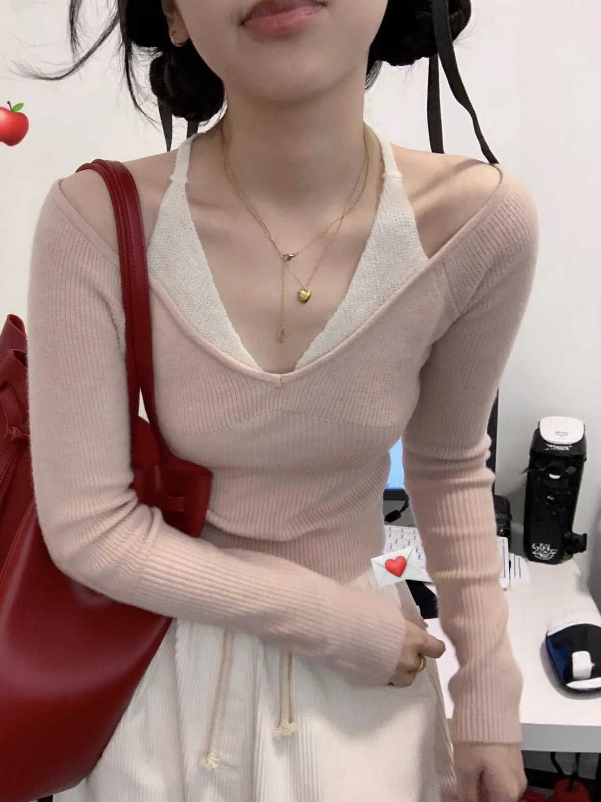 Sweet Dongda Gate Gestricktes Oulder Bared Long Sve Damen Slim Fit Casual Sle Wolloberteil Zweiteiliger Look V Ne Regular L...