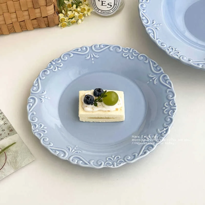 Blue Embossed Ceramic Dessert Plate Retro Creative Household Breakfast Disc Exquisite Afternoon Tea Cake Dish Tableware