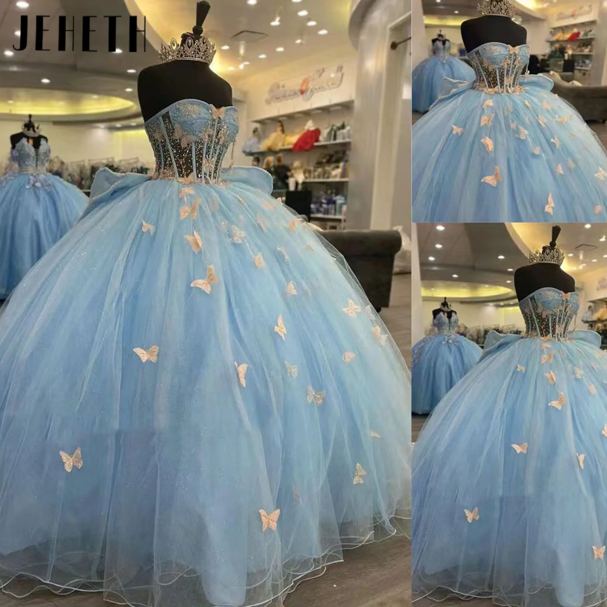 

JEHETH 3D Butterfly Quinceanera Light Blue Bow Princess Ball Gown Sweetheart Sixteen Tulle Sweet Shimmery Prom Party Gowns