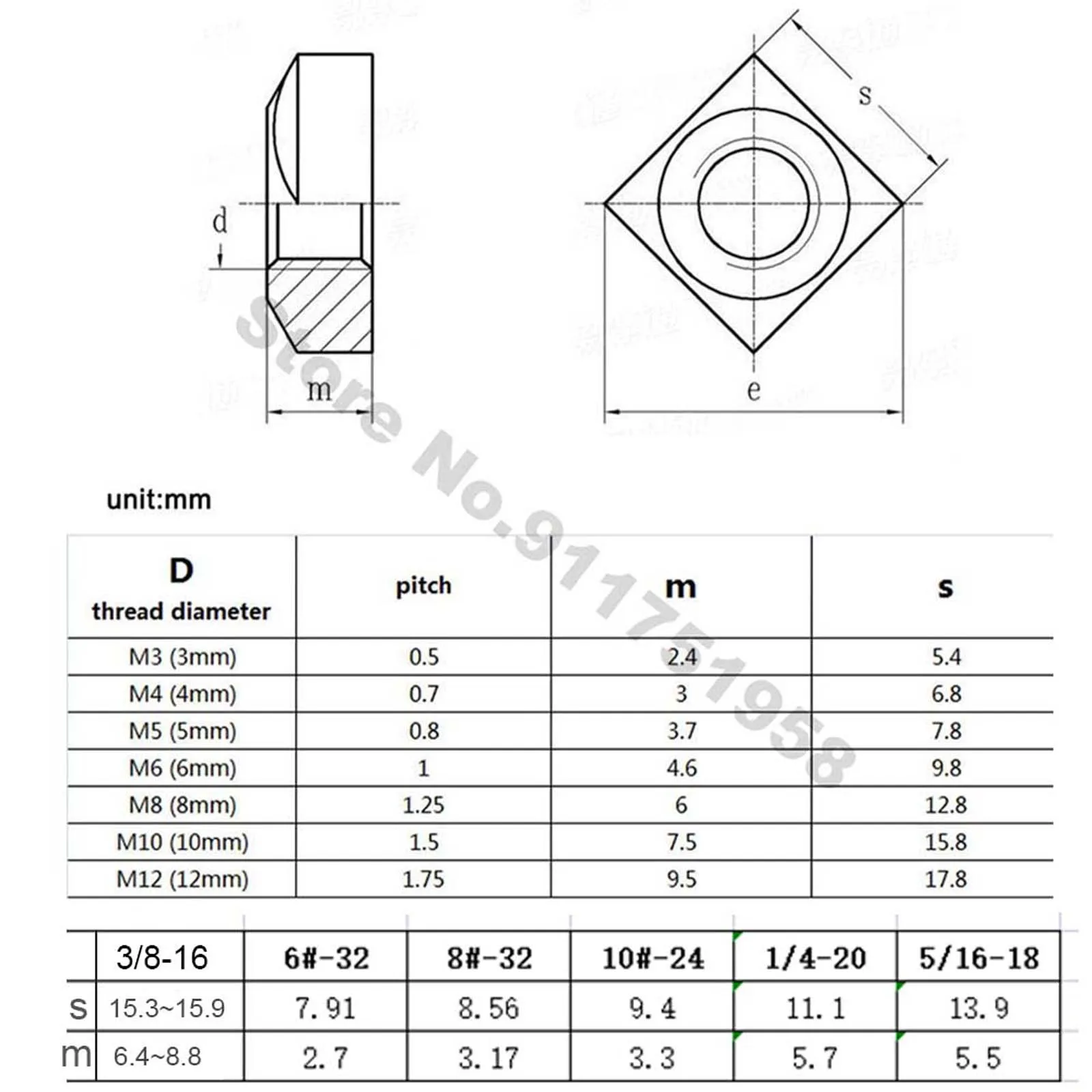 2/50pcs DIN557 304 A2-70 Stainless Steel Metric Square Nut M3 M4 M5 M6 M8 M10 M12 Foursquare Quadrate GB39 Nuts UNC 6#-32-3/8-16
