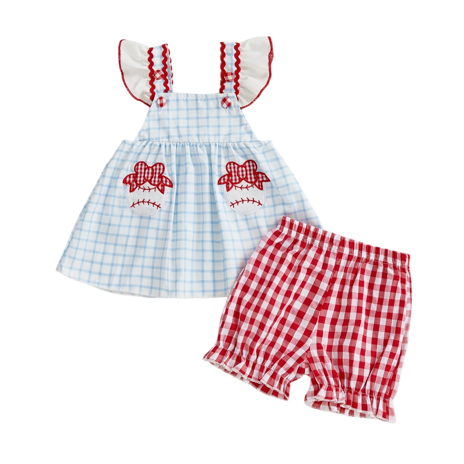 مجموعة ملابس رائعة للفتيات الرضع مع قميص وسروال قصير مطرز بالبيسبول ذو مربعات أنيقة - مجموعة أزياء مكونة من قطعتين #5