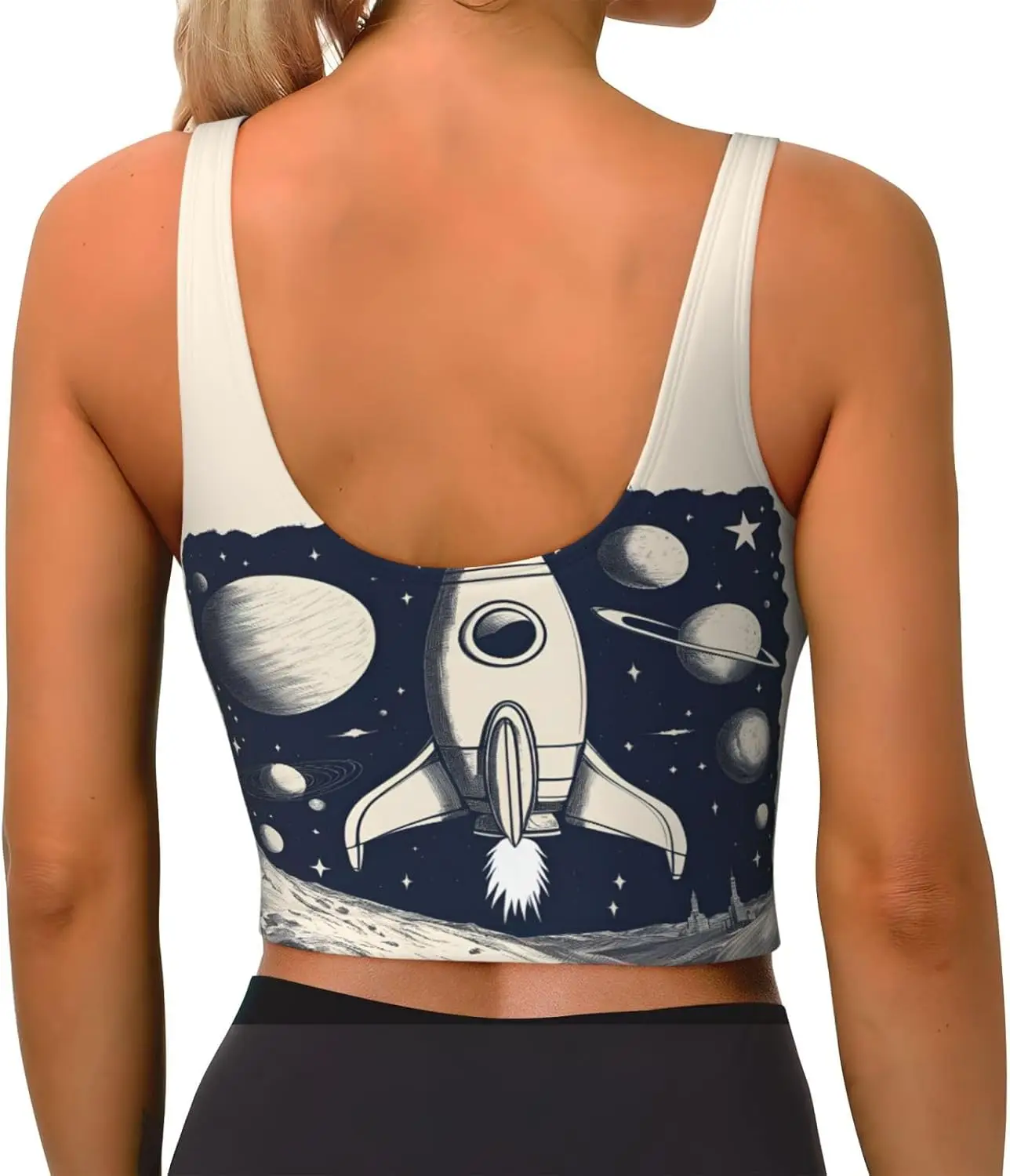 قميص بدون أكمام رياضي مطبوع عليه صاروخي للسيدات، سترة يوجا خفيفة الوزن مع حشوة قابلة للإزالة