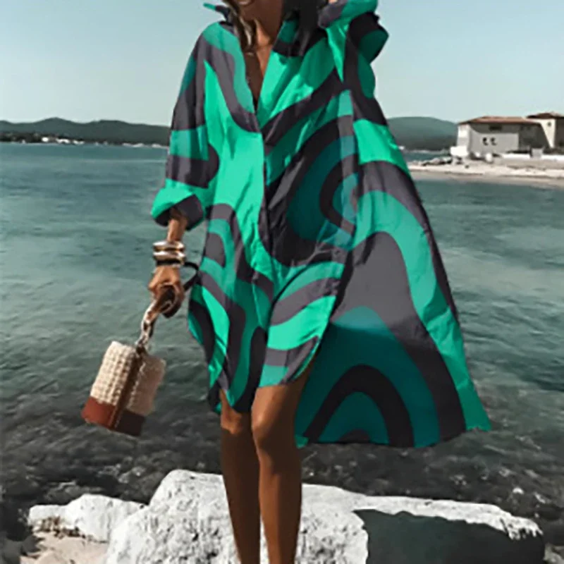 Autumn Summer Fashion Women\'s New Shirts Dress Casual Printed Lapel Long Sleeve Buttons Irregular Dress Beach Sexy Party Dresses