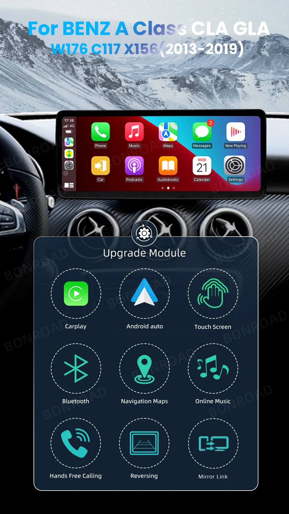 BONROAD 10,25 Zoll 1920*720 Auto-Multimedia Wireless CarPlay Android Auto GPS Radio Touchscreen für Mercedes Benz A-Klasse GLA CLA W176 X156 C117 NTG 4.5 5.0 Airplay Autolink Mirroring Autoradio Touchscreen – Detail 1