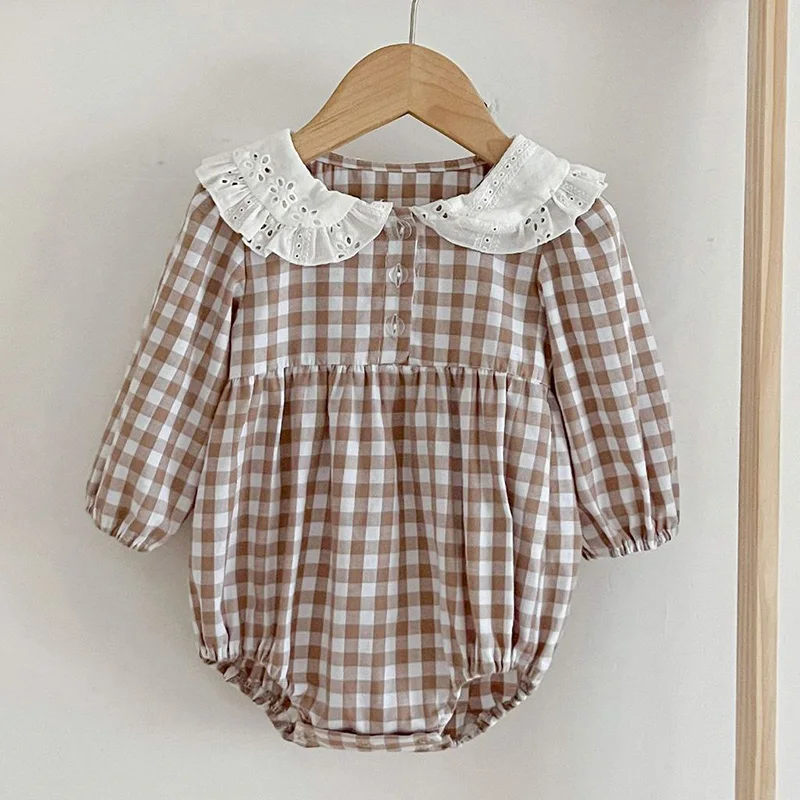 Newborn Kids Baby Girls Long Sleeve Sweet Grid Princess Rompers New Autumn Infant Kids Baby Girls Rompers Clothes