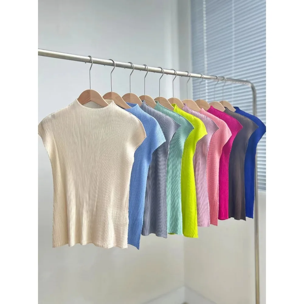 

Pleats Classic Simple Solid Color Standing Collar Pleated Top Women's New Slim Short Sleeve T-Shirt Hundred Casual Stretchy2023