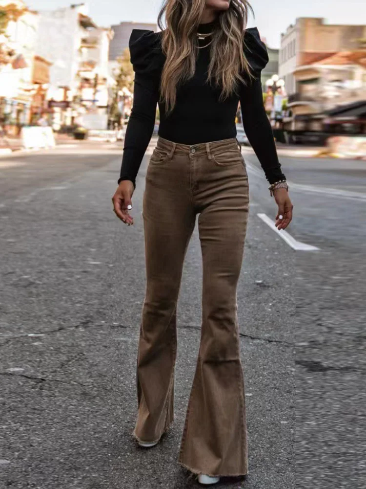 Pantalon Évasé en Velours Côtelé pour Femme Vêtement de Salon, Coupe Slim, Simple, Saison FjAll, Poche à lèvent, Streetwear, Livraison Directe