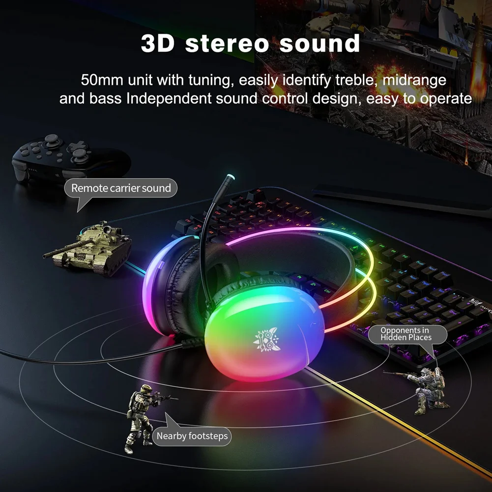 A57G-ONIKUMA Gaming Headset with RGB Dynamic Lighting Wired Over-Ear Headset with Noise Canceling Microphone for PC Black