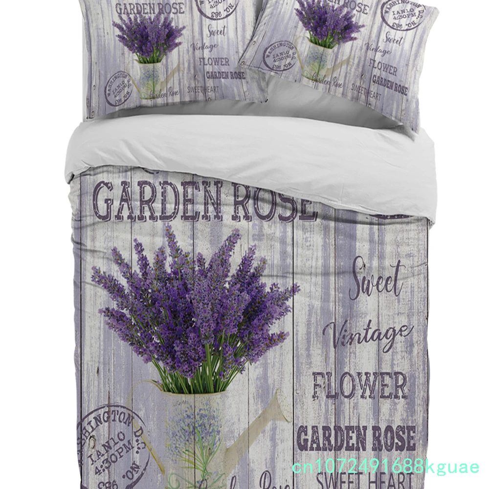 Flower Lavender Kettle Vintage Postcard Wood Duvet Cover With Pillow Case 3pcs Bedding Set Quilt Cover Double Bed Home Textile