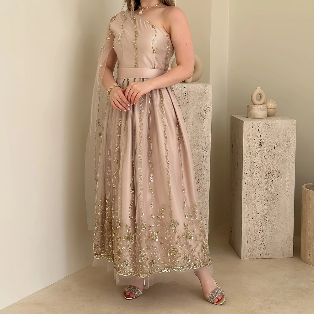 

Customized A-line Evening Dresses Ankle-length One-shoulder Sleeveless Prom Gown Fashion Flowers Sequined Draped Party Gown
