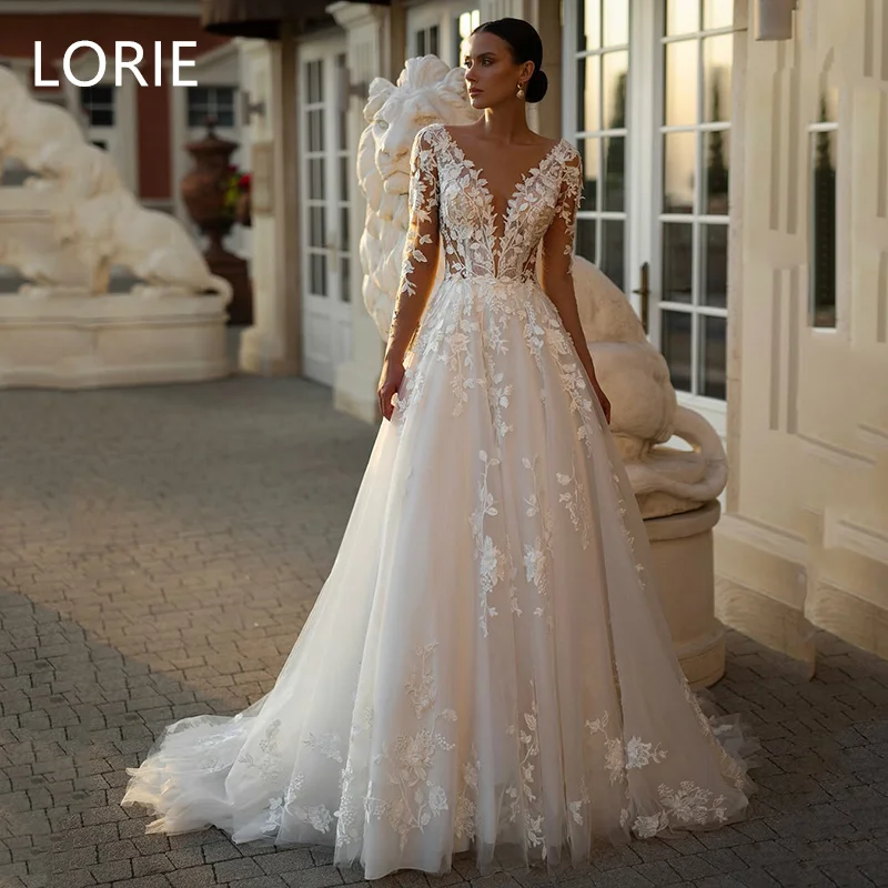 LORIE-Robe de Mariée Trapèze avec Appliques en Dentelle, Manches sulf, Élégante, Dos aux, Personnalisée, 2025