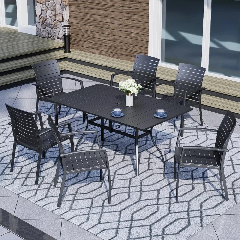 7 Stück Terrasse Esszimmer Set Gartenmöbel mit 6 stapelbaren Aluminium/Kunststoff Stühlen, rechteckigen Tisch für Garten schwarz