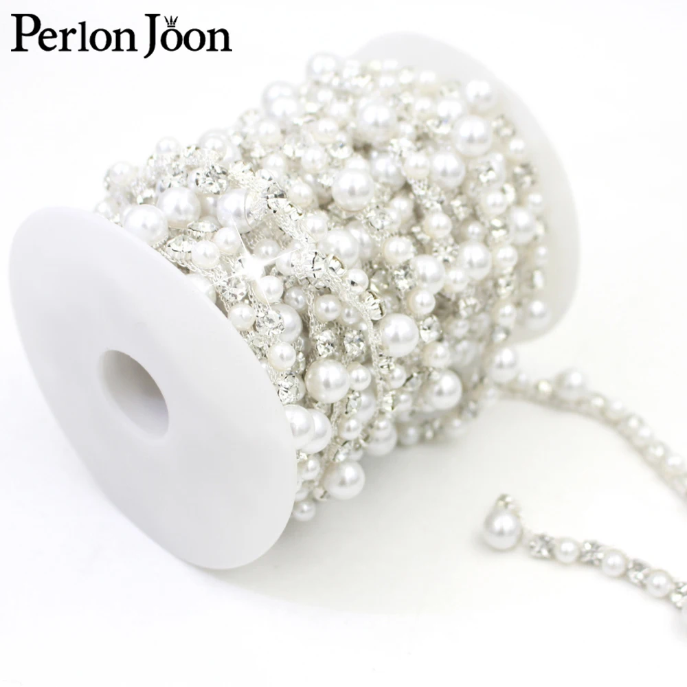 1yards Round white Pearl Rhinestone Crystal Chain Diamond Trim Ribbon Necklace Applique Gem Sparkle Wedding Dress ML225