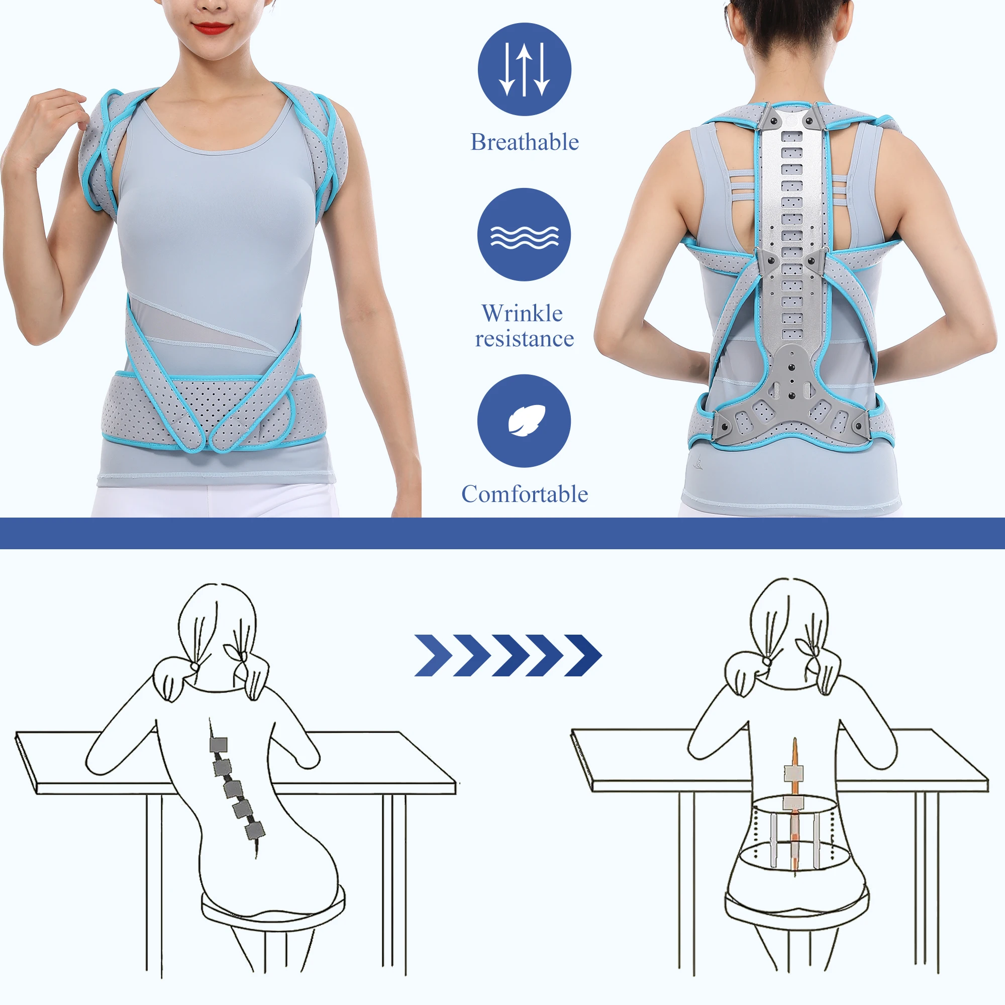 Adjustable Back Spine Thoracolumbar Scoliosis Orthotics Spinal Long Back Frame Treatment of Poor Sitting Position