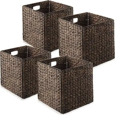 Casafield 12"x 12" Water Hyacinth Storage Baskets, Espresso, Collapsible Cube Organizers, Woven Bins for Bathroom Bedroom Laundry Pantry Shelves