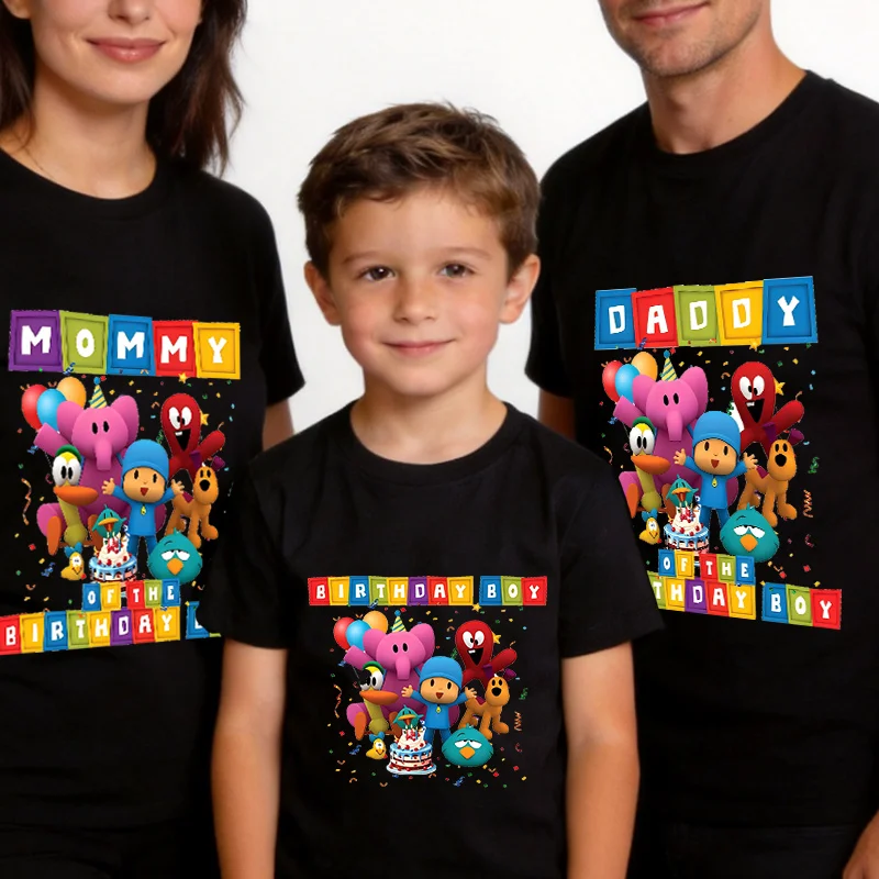 Pocoyos Family T-shirt Anime Short Sleeve Tops Clothes Parent Kids Birthday Party Cotton Tee Father Mother Boy Matching Outfits