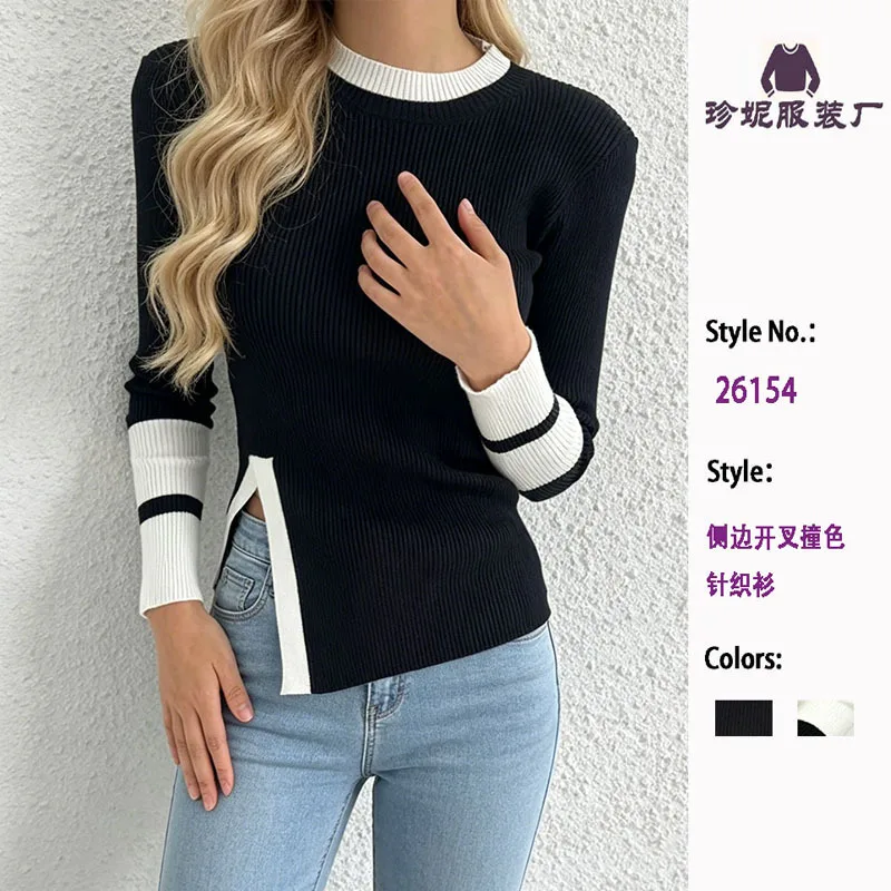 Fashion Color Block Ribbed Knit Top Round Neck Long Sleeve Striped Split Slim Fit Elegant Casual Fall Winter Knitted Blouse