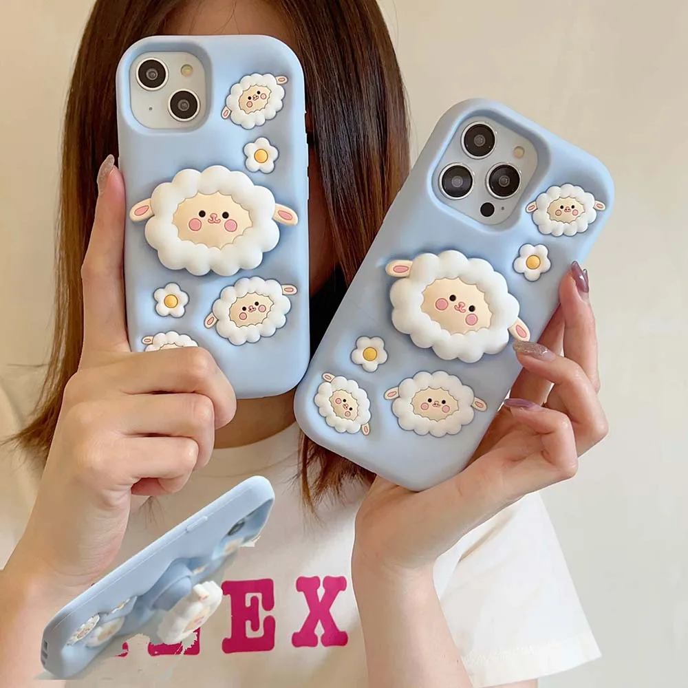 Cute Sheep Stand Case For iPhone 15 14 13 12 11 Pro Max Soft Silicone Shockproof Cover Skin