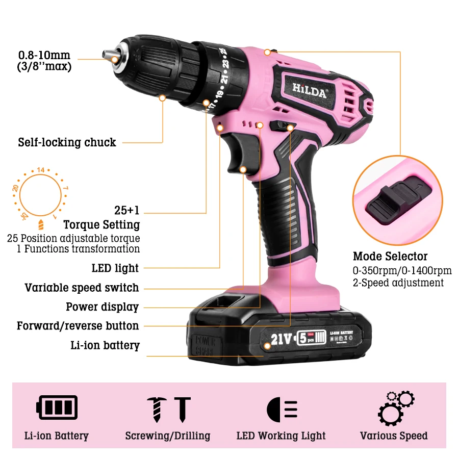 HILDA 21V Pink Drill Electric Drill Electric Screwdriver  Cordless Drill Mini Wireless Power Tools Lithium-Ion Battery