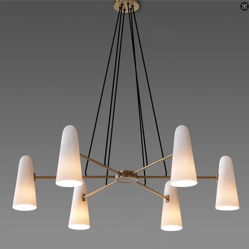 Italian Black/gold Long Pole Wrought Iron Chandeliers Taper White Glass Pendant Light Living Room Hotel Restaurant Hanging Lamps