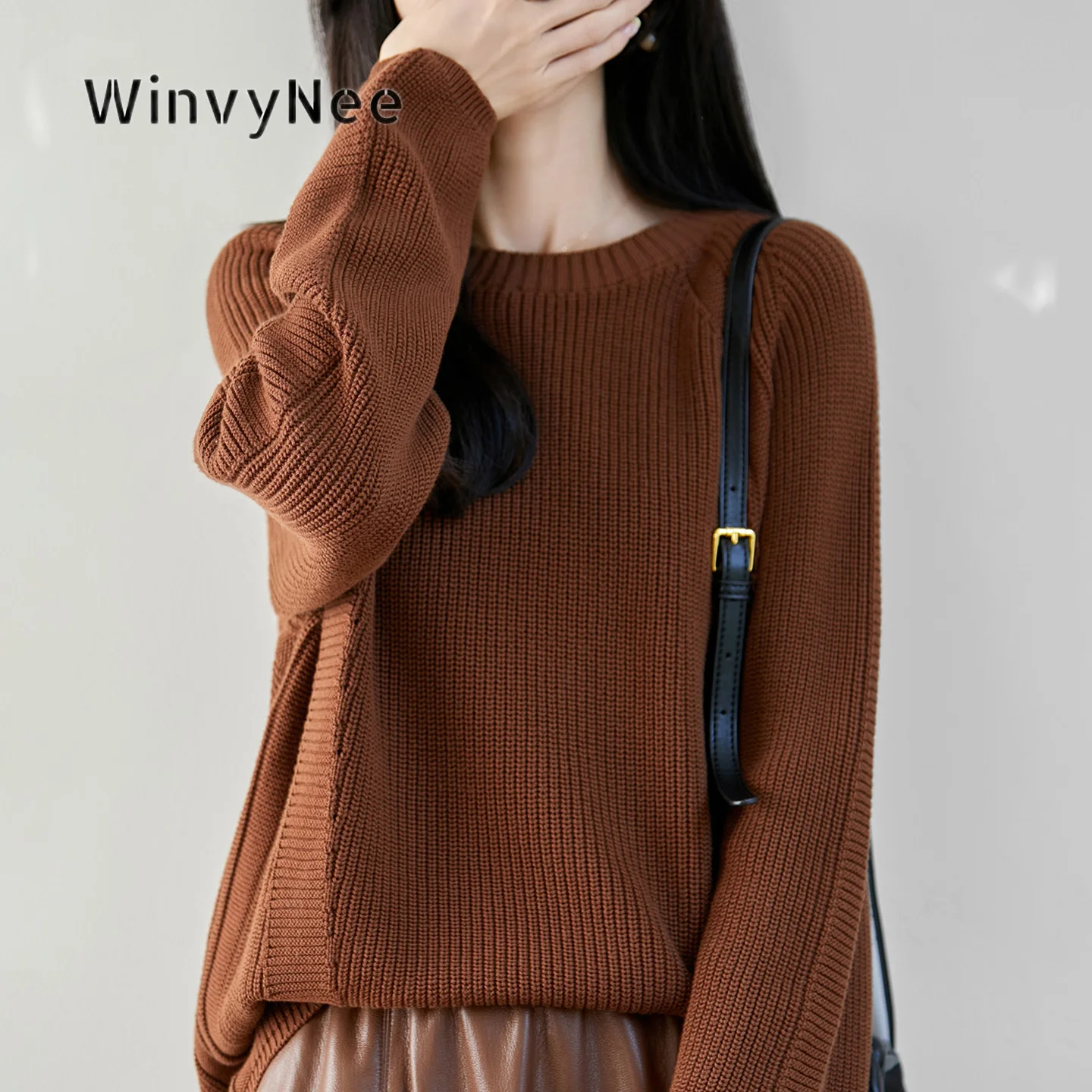 WinvyNee Women Pure Cotton Thickened Crew Neck Knit Pullover Loose Sweater Tops Fashion Outfits For Spring Autumn Wear ZA1092048