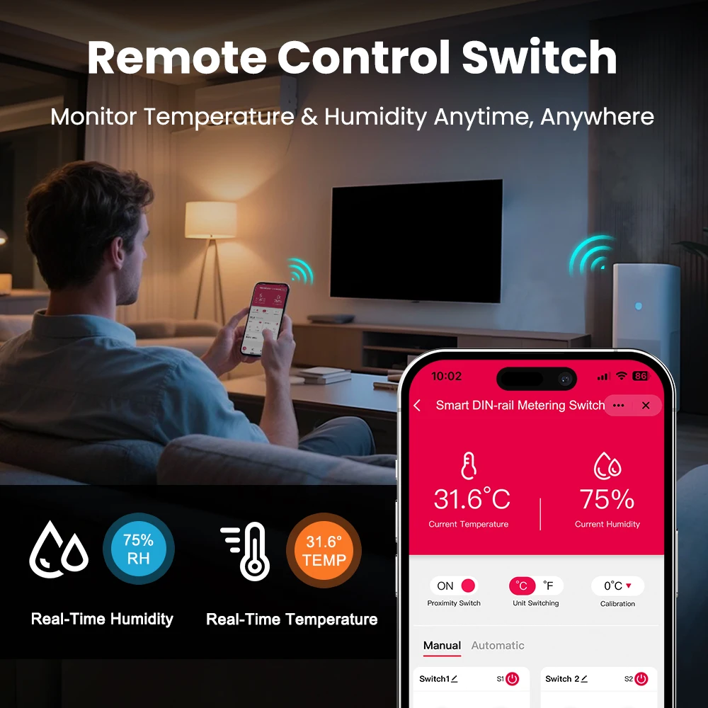 Chayo Wifi Switch Temp and Humidity Sensor Din rail 18mm 2-Gang, 3840W AC/300W DC, Timer, Smart Life/Alexa/Google Tuya Smart