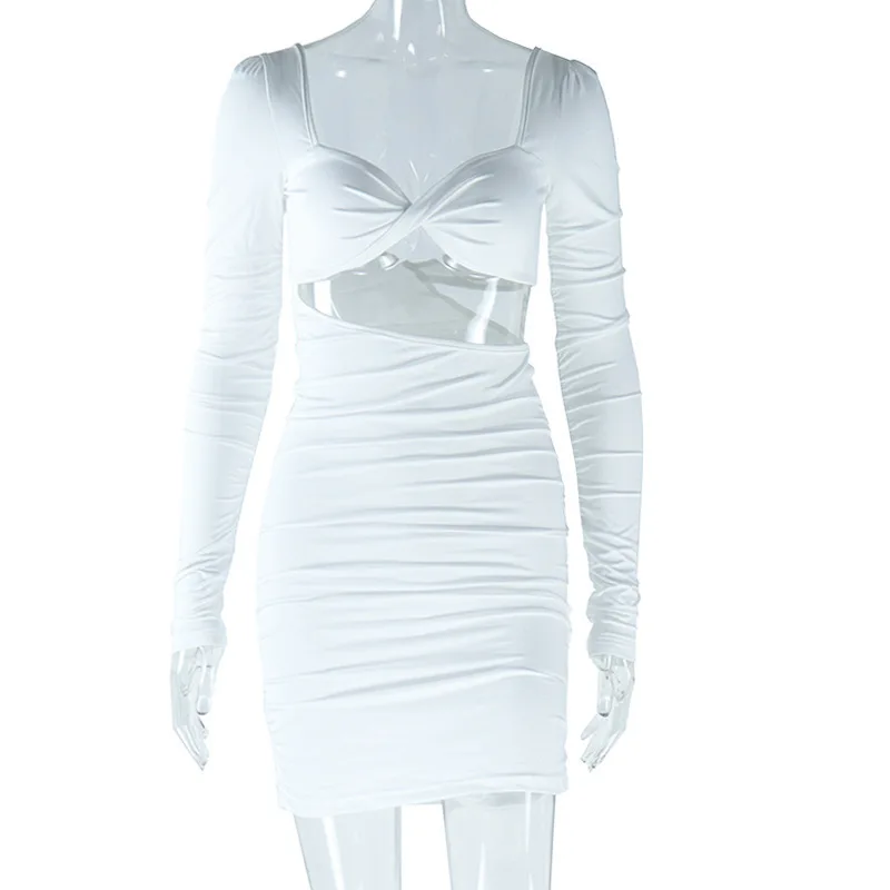 Élégant dame évider robe drapée 2025 automne femmes à manches longues dos nu moulante Sexy Club fête noir blanc Mini robes