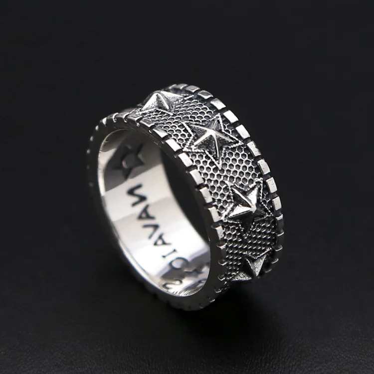 Manufacturer wholesale punk S925 pure silver pentagram ring men's wide version military stripe ring Korean version Thai silver r