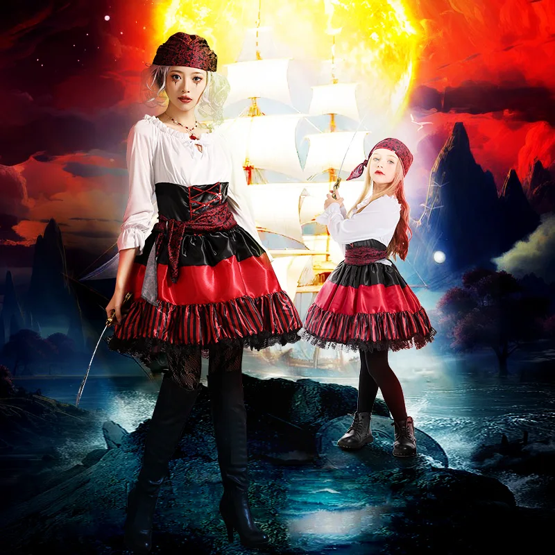 

Halloween Children's Cosplay Costume Caribbean Pirate Performance Clothes Red Stripes Navigators Role Play Festival Outfit