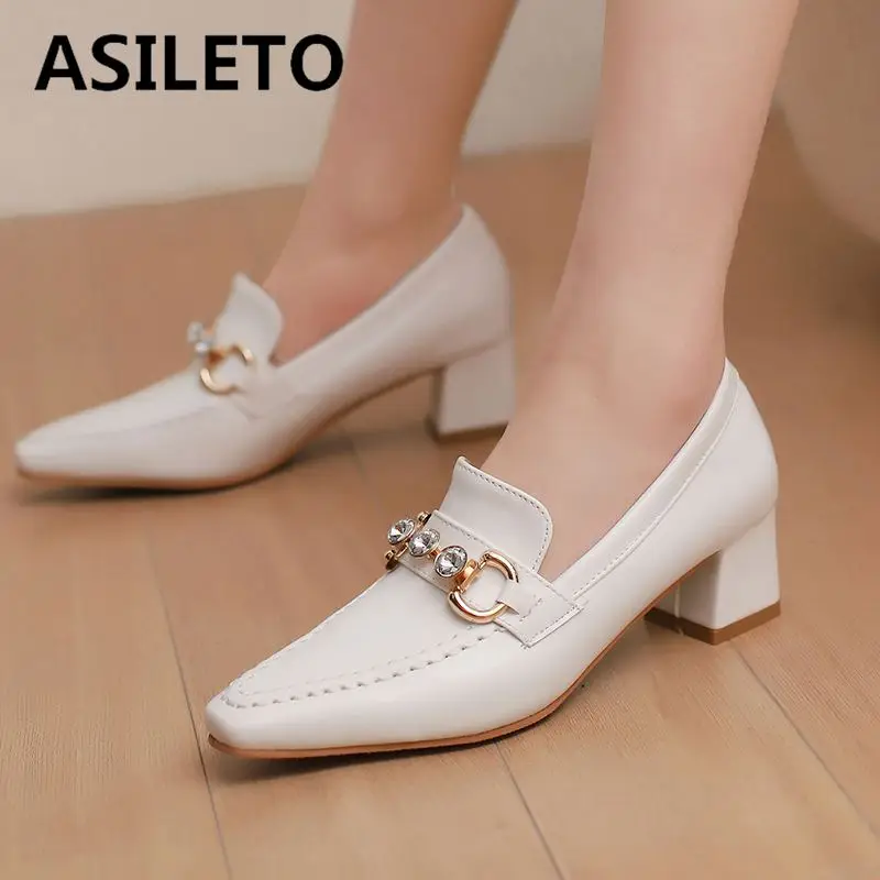 ASILETO Office Lady Pumps 30 31 32 Square Toe Slip On Metal Decoration Rhinestone Block Heels 5cm Plus Size 49 50 Bride Shoes