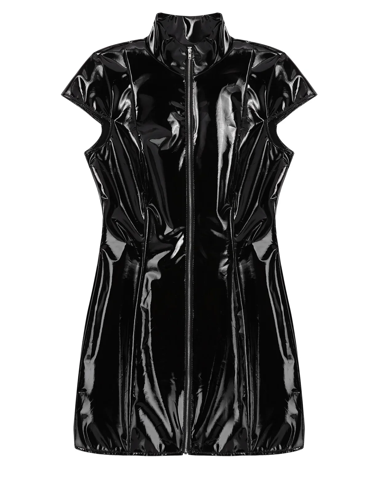 Kobiety Seksowna Faux Latex Błyszcząca Skórzana Mini Sukienka Wetlook Stójka Sukienka Damska Krótki Rękaw Bodycon PU Clubwear Niestandardowe