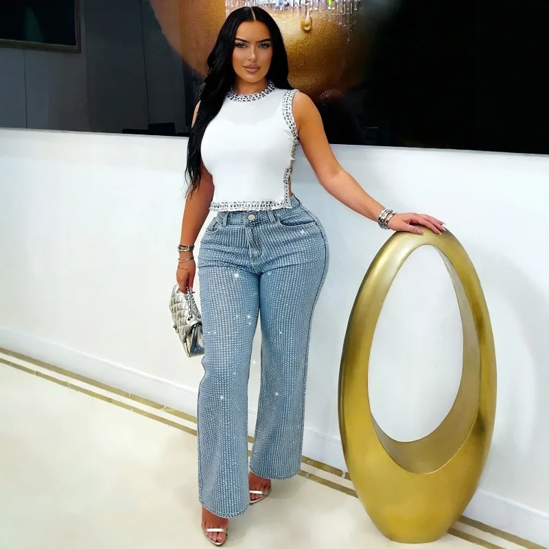 

KEXU Women's Casual Women's Colorful Rhinestone Straight Leg Jeans Are Fashion Versatile Casual Long Pants