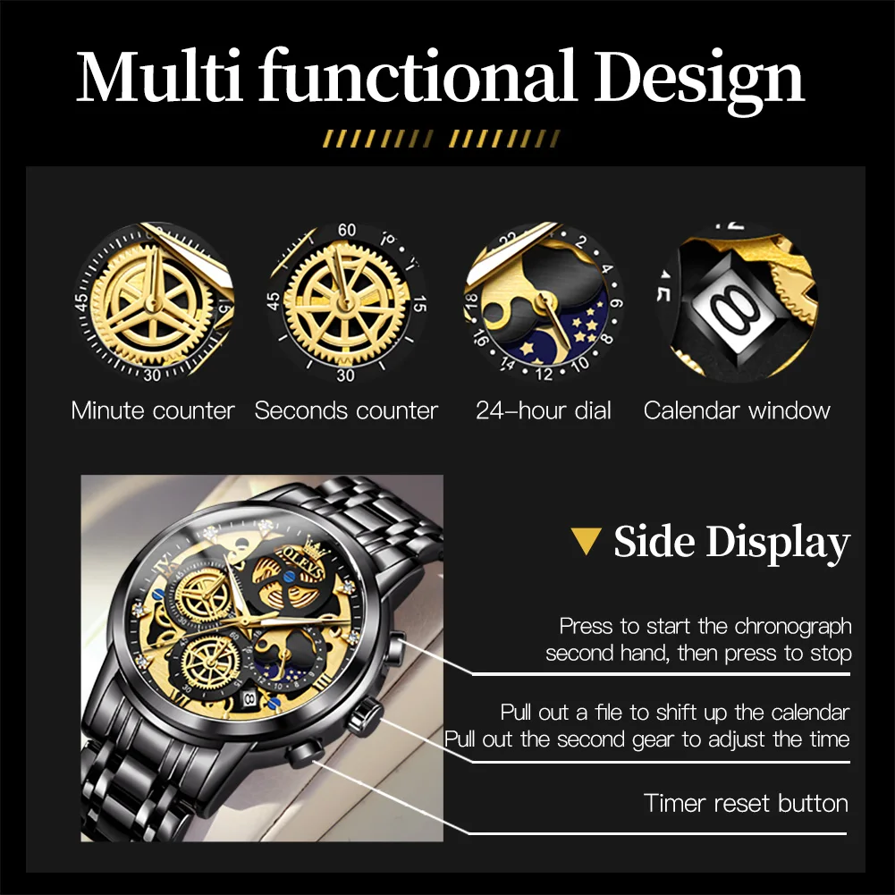 OLEVS 9947 Men's Watches Top Brand Luxury Original Waterproof Quartz Watch for Man Gold Skeleton Style 24 Hour Day Night Clock