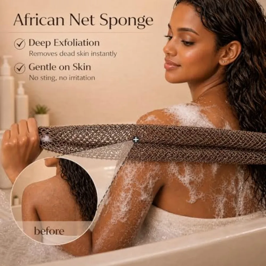 African Net Sponge Authentic, 3 Pcs Real African Exfoliating Net Sponge with Knots for Daily Shower Stretch Back Scrubber for W view 4