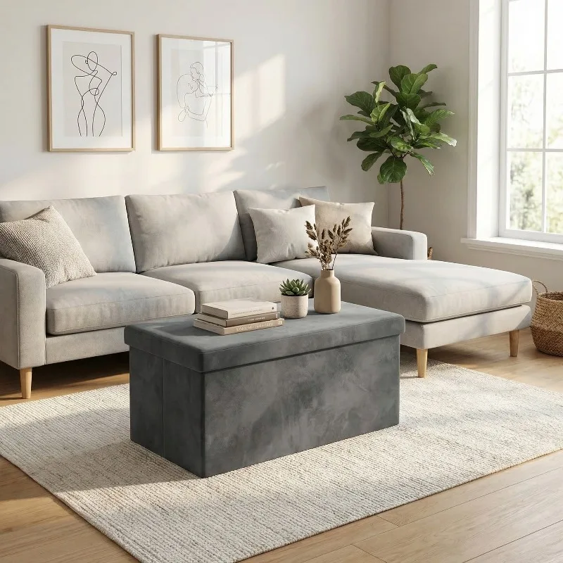 Light luxury imitation super soft gray storage stool multi-functional seating foldable toy storage stool living room sofa stool