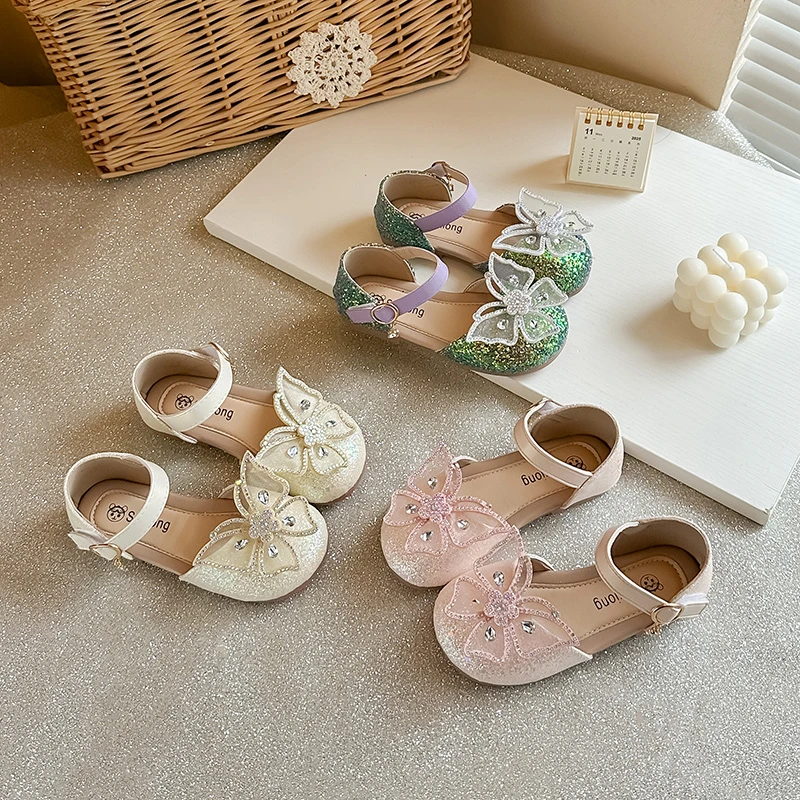 

Summer Girls Glitter Sandals 3D Bow Rhinestone Luxury Kids Mary Jane Flats Beautiful Non-Slip Children Shoes for Wedding Party