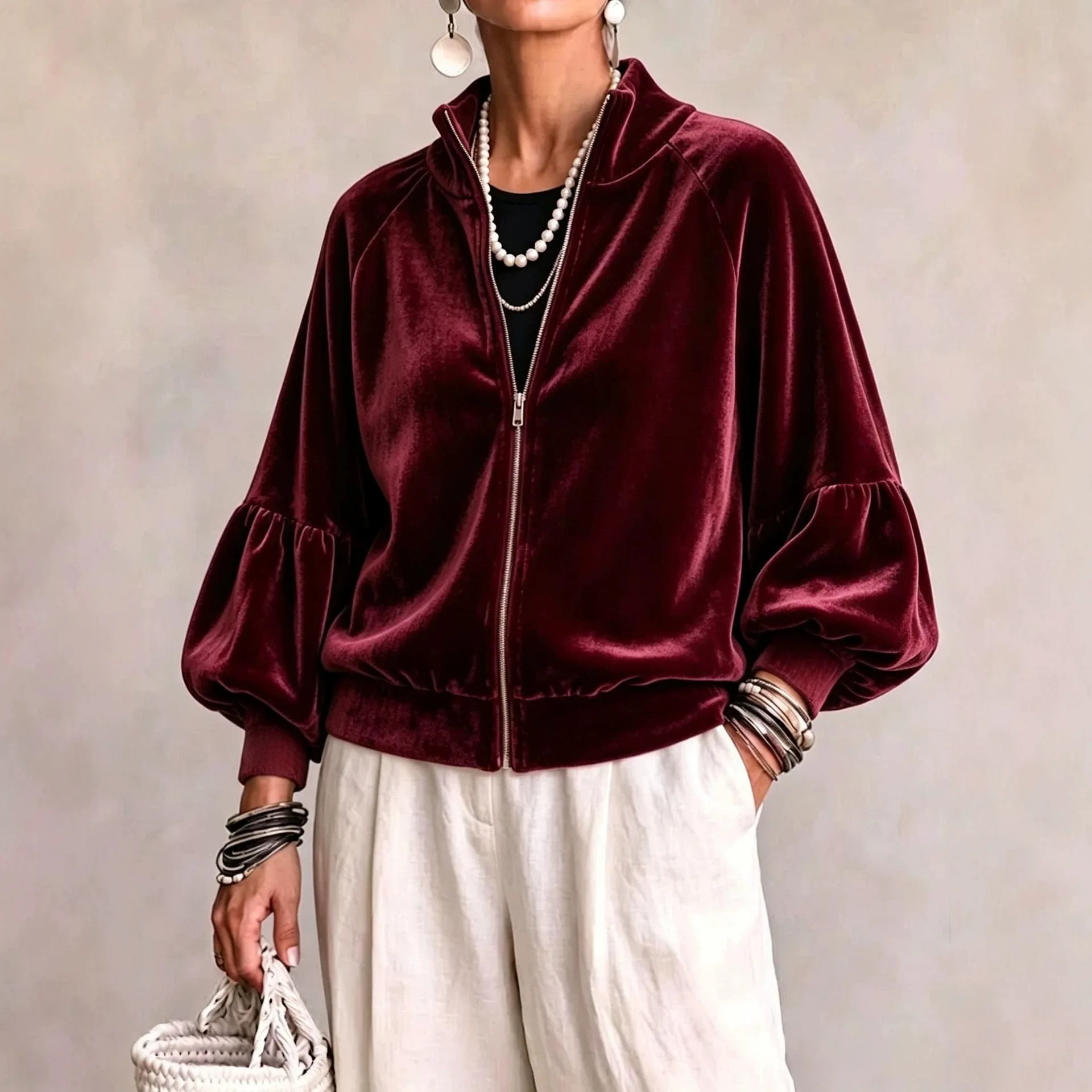 Chaqueta de terciopelo burdeos con cremallera, cuello alto, mangas abullonadas, corte holgado y largo, estilo vintage, ideal para el otoño, abrigo elegante de terciopelo.