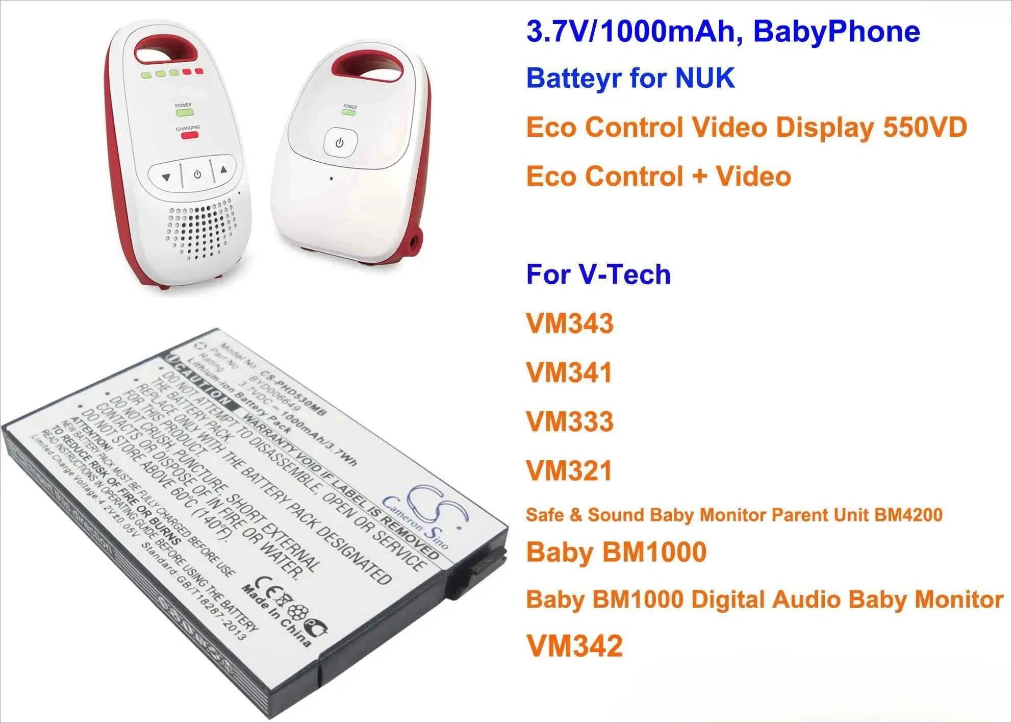 

Cameron Sino 1000mAh Battery BT298555 for V-Tech Baby BM1000, Safe & Sound Baby Monitor Pare, VM321, VM333, VM341, VM343, VM342
