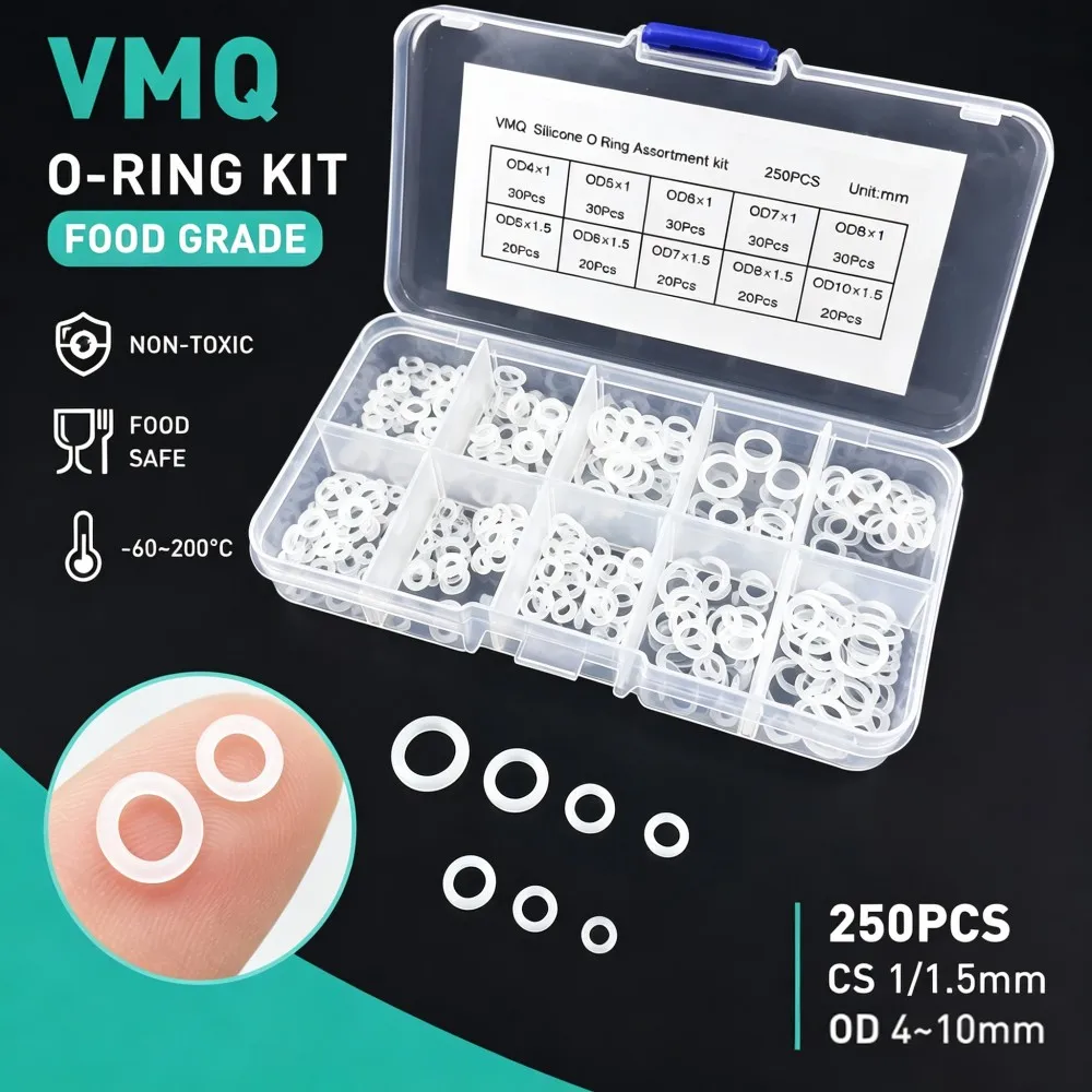 White VMQ Silicone Sealing O-Ring Set 250Pcs Food Safe Non-Toxic High Temperature Resistant Gaskets CS1/1.5mm OD4-10mm Seal Kit