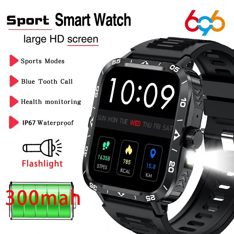 

New 1.95" HD Screen Men Outdoor Sport Blue Tooth Call Smart Watch LED Flashlight Smartband Waterproof Health Music Smartwatch