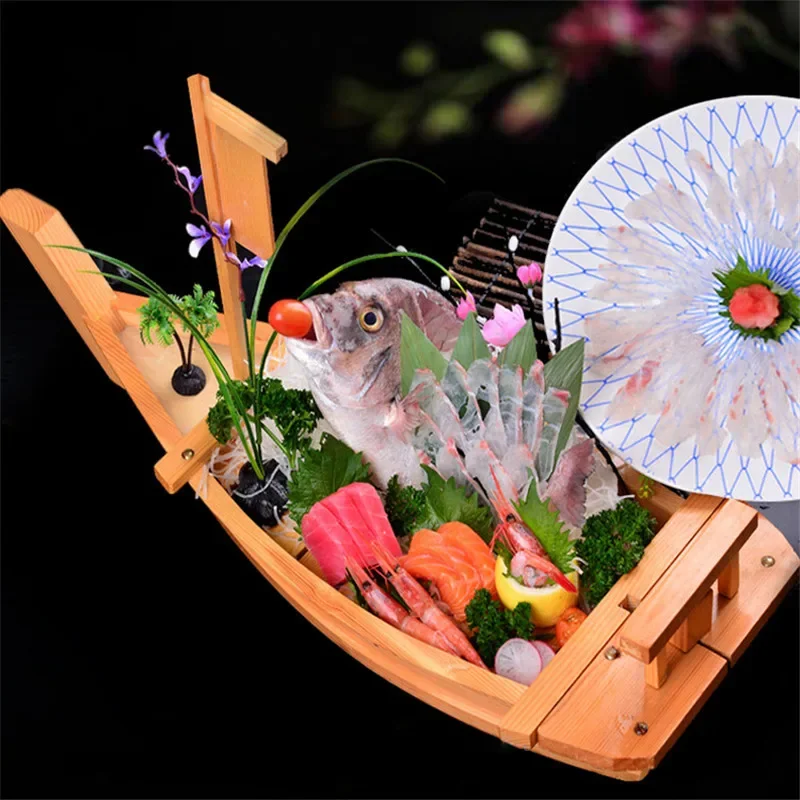 Big 40cm To 90cm Japanese Cuisine Sushi Boats Tray Seafood Tool Wooden Wood Restaurant Handmade Ship Sashimi Assorted Cold Dish