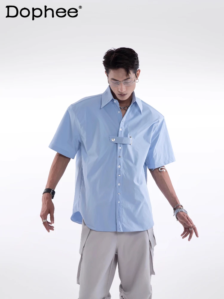 

Male Shoulder Pads Short Sleeves Solid Color Shirts Men's 2025 Summer New Lapel Simple Handsome Single Row Multiple Buttons Tops