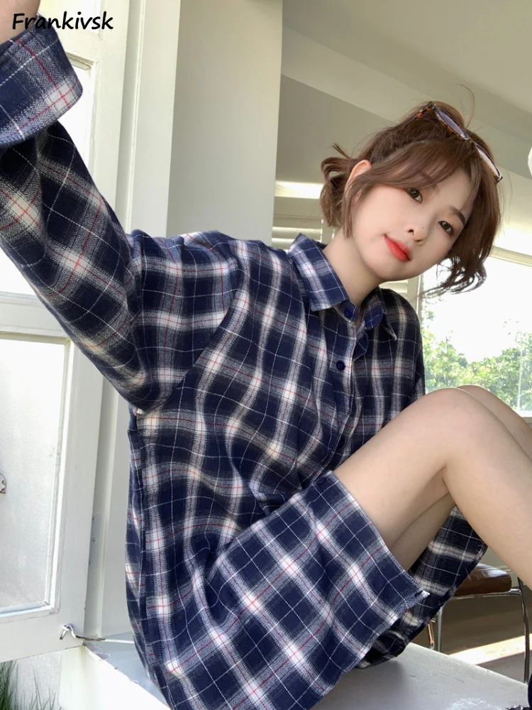 Plaid Shirts Women Vintage Y2k All-match Korean Style Fashion Simple Long Sleeve Streetwear Hotsweet Hipster Clothing Summer New