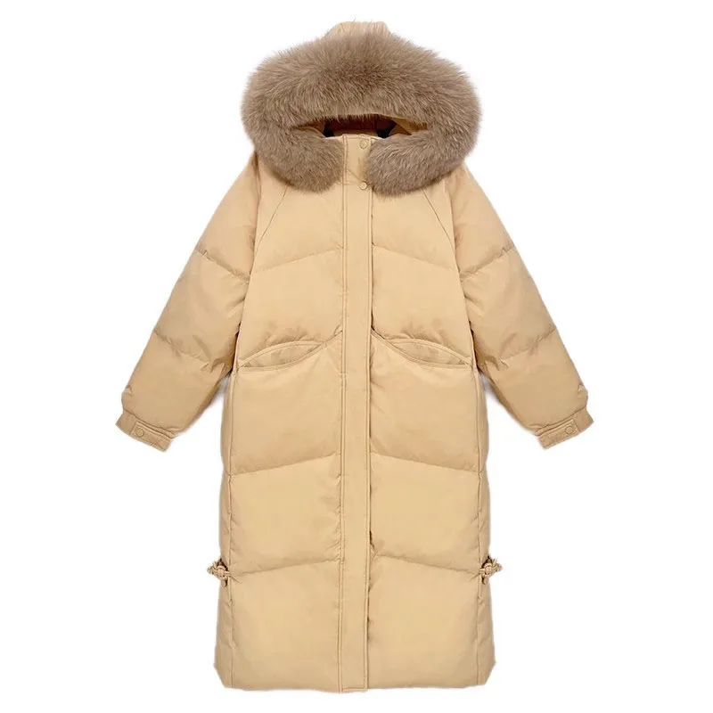 Piumino Parker da donna 2025 Nuovo inverno caldo con cappuccio spesso piumino d'anatra bianco moda grande collo di pelliccia piumino da donna H447