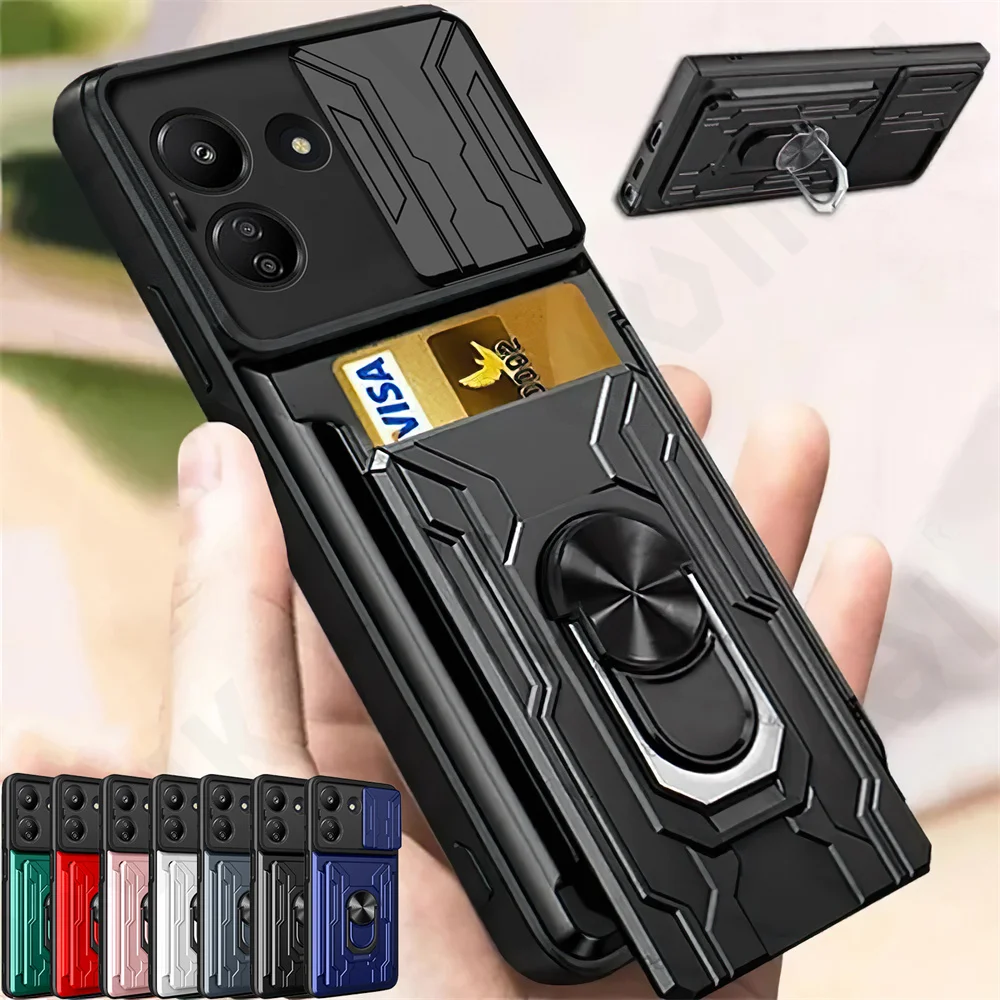 Case For Xiaomi 13T 12T 11T Pro Redmi 13C Note 13 12 11S Poco X5 Pro Card Holder Slide Camera Ring Stand Armor Kickstand Cover